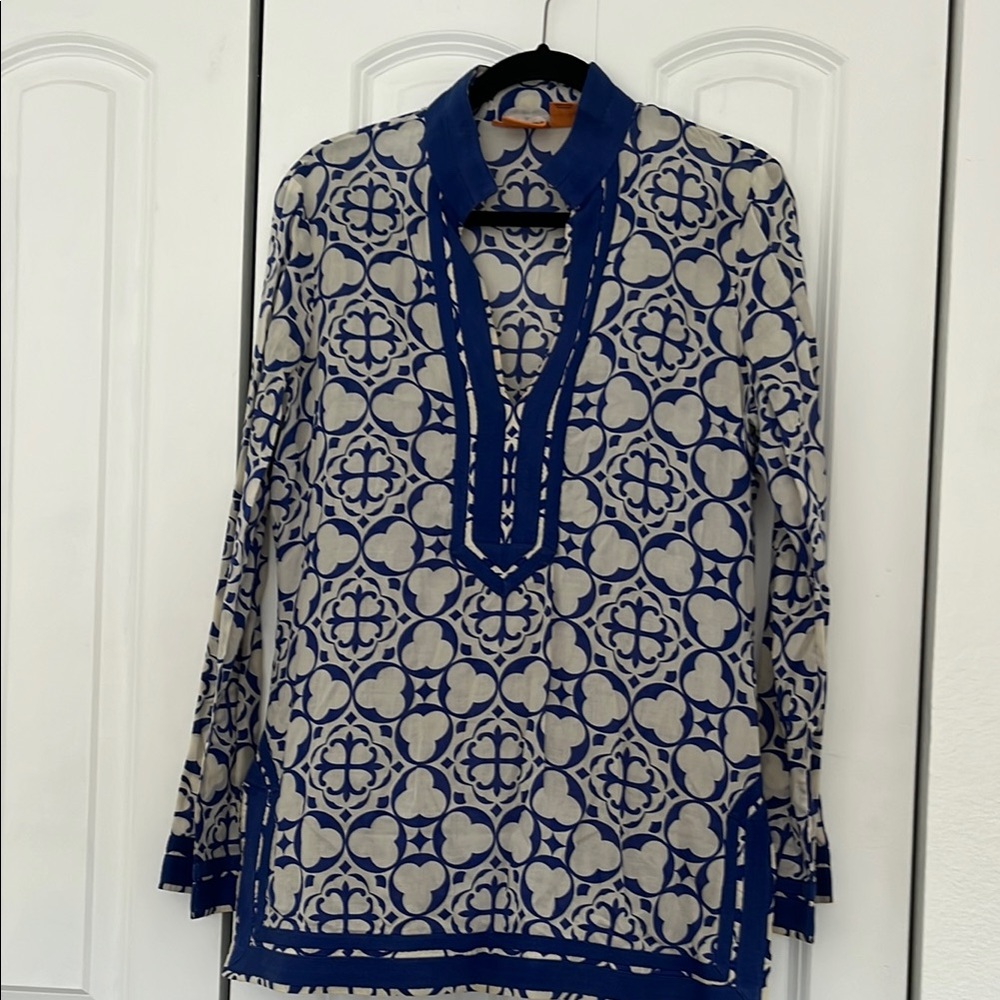 Navy and Cream Patterned Women's Top